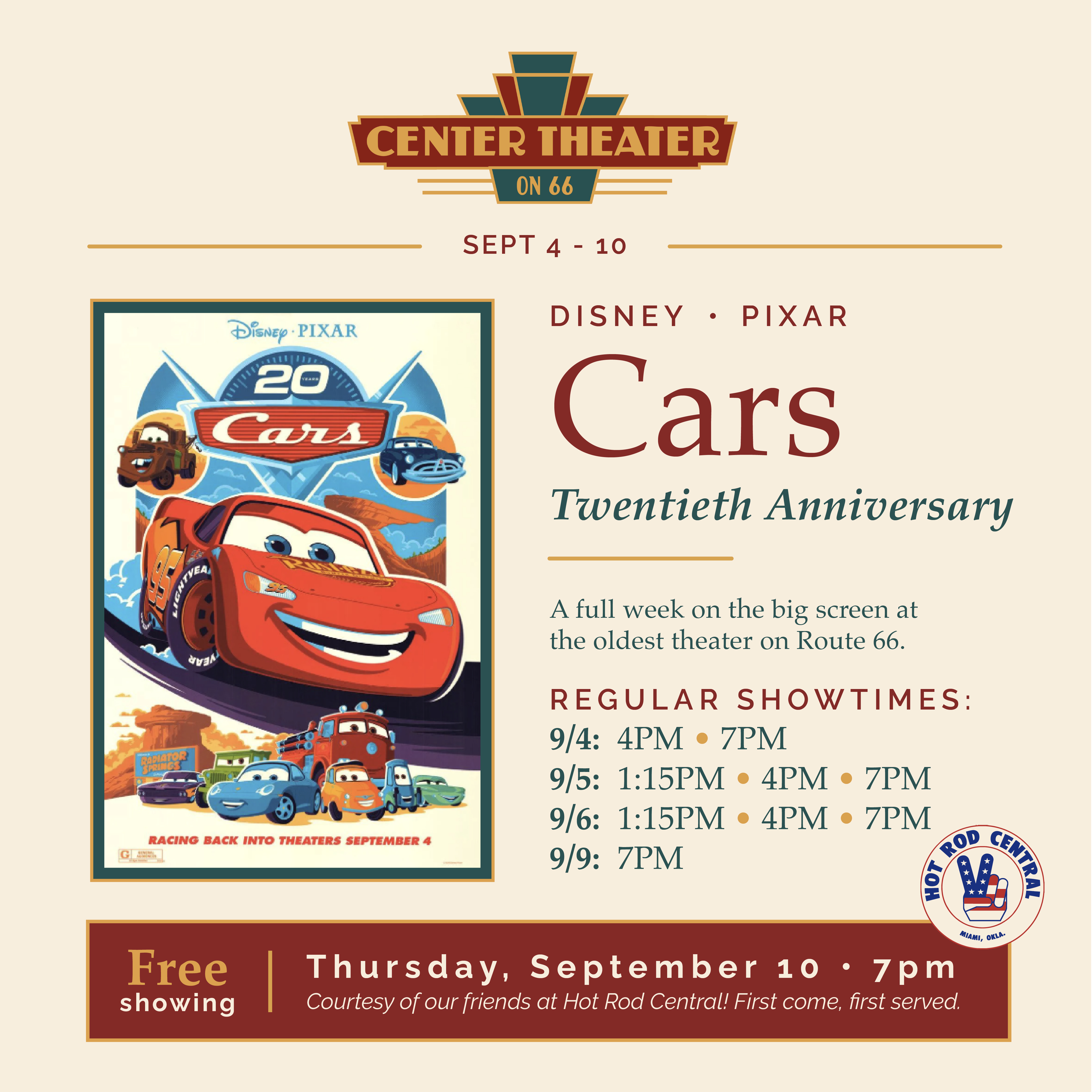 Cars 20th Anniversary — FREE Showing Courtesy of Hot Rod Central